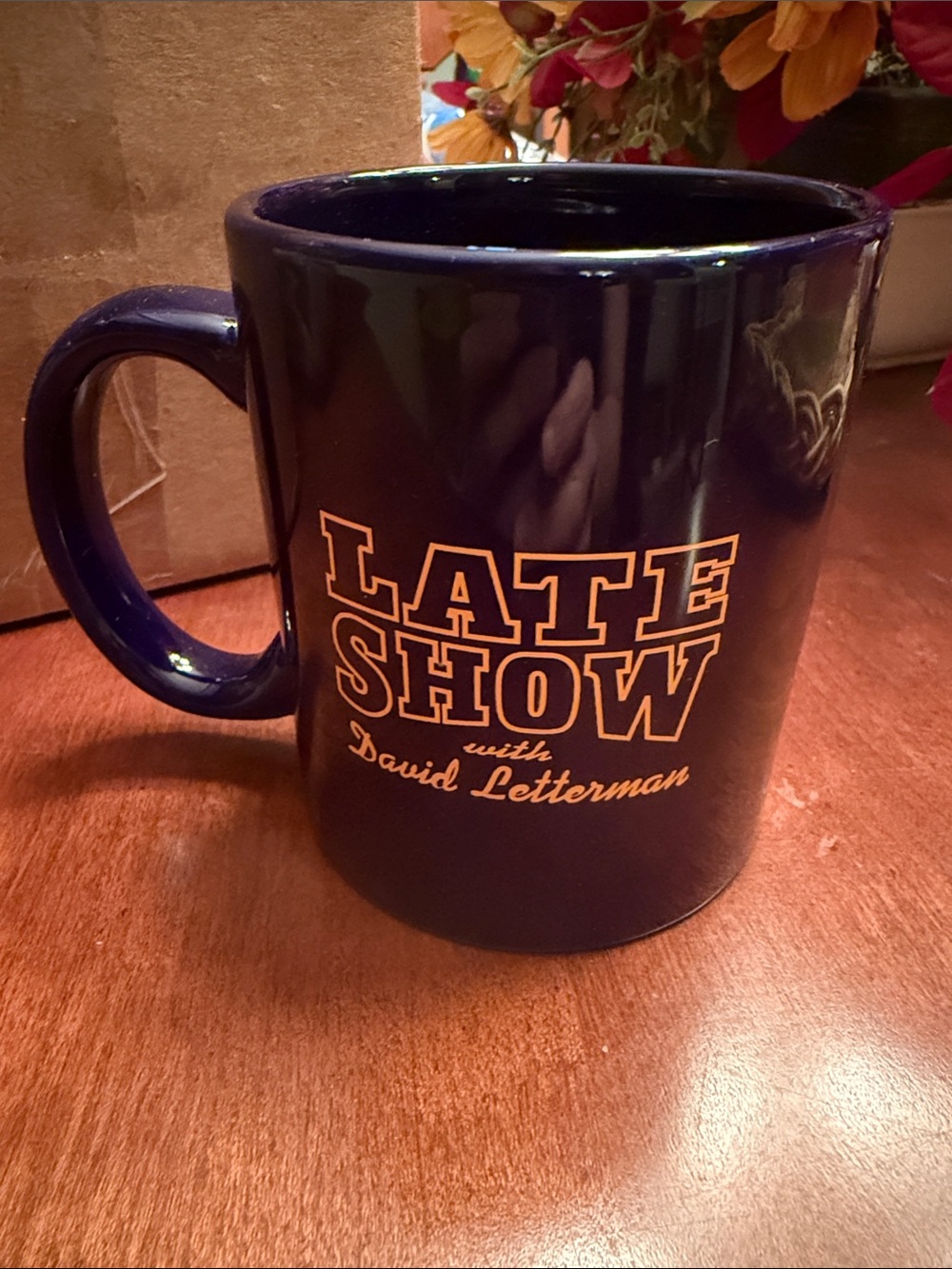 Late Show with David Letterman Navy Mug with yellow lettering. New